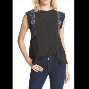 Free People Marcy Embroidered Peplum Tank Top Blouse Women’s Medium Gray/Blue